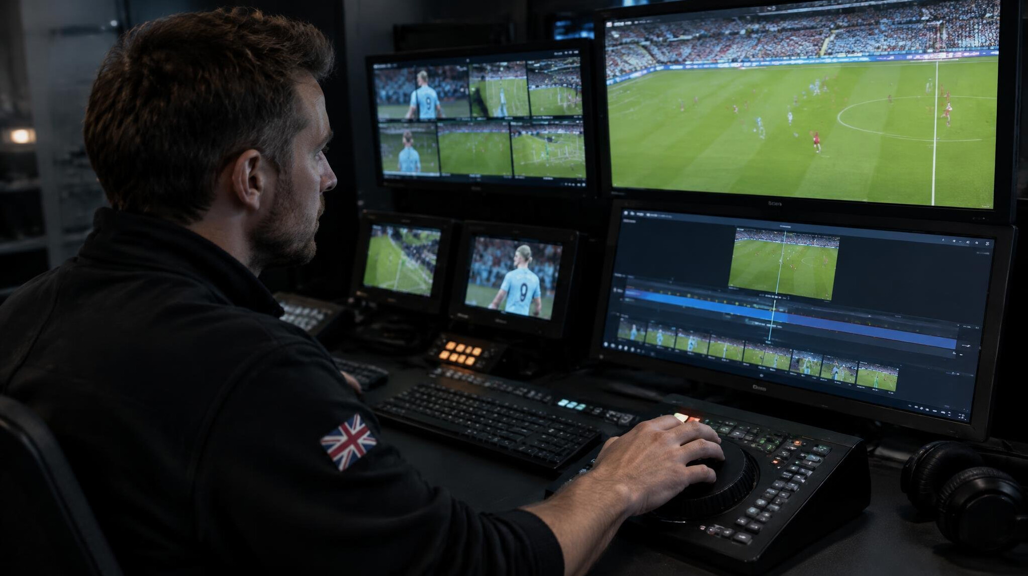 Technician operating real-time video equipment during a live stream
