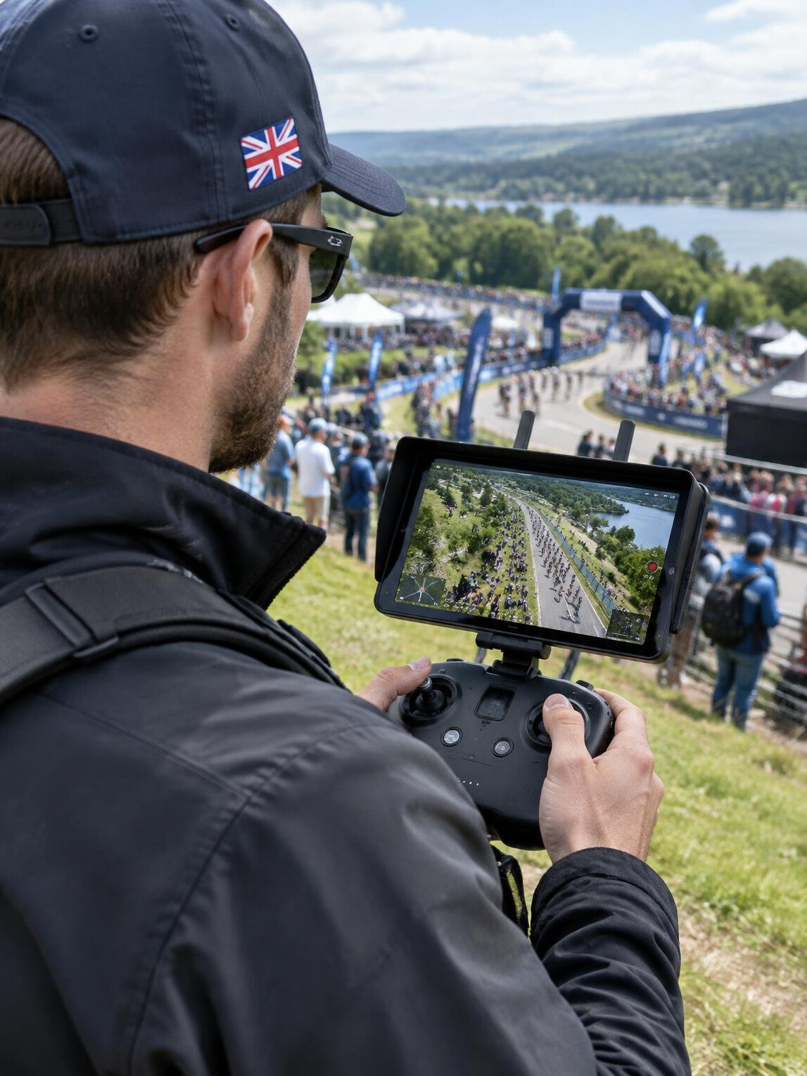 Operator monitoring aerial drone footage for a live event
