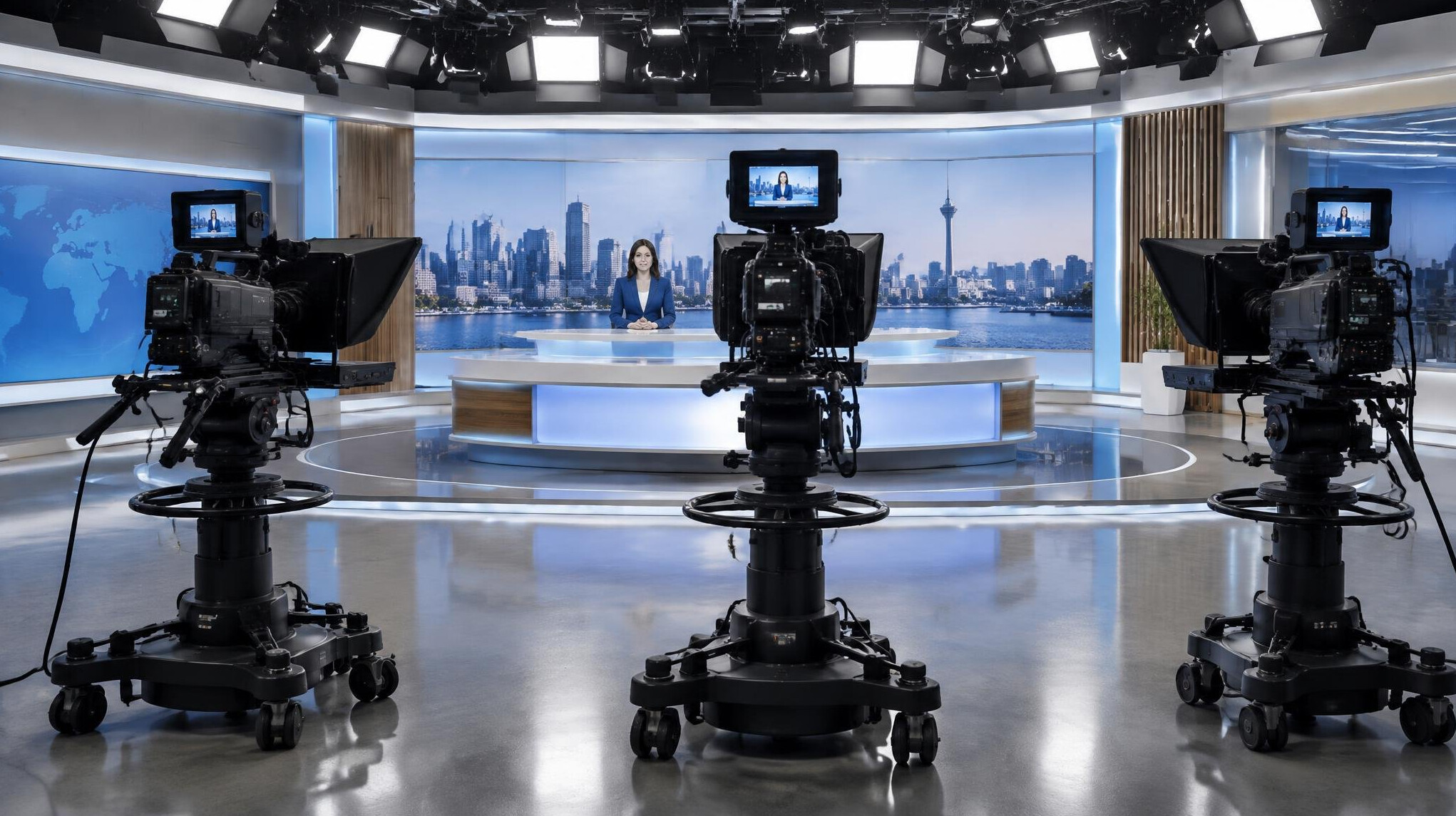 Television studio with multiple broadcast cameras on pedestals