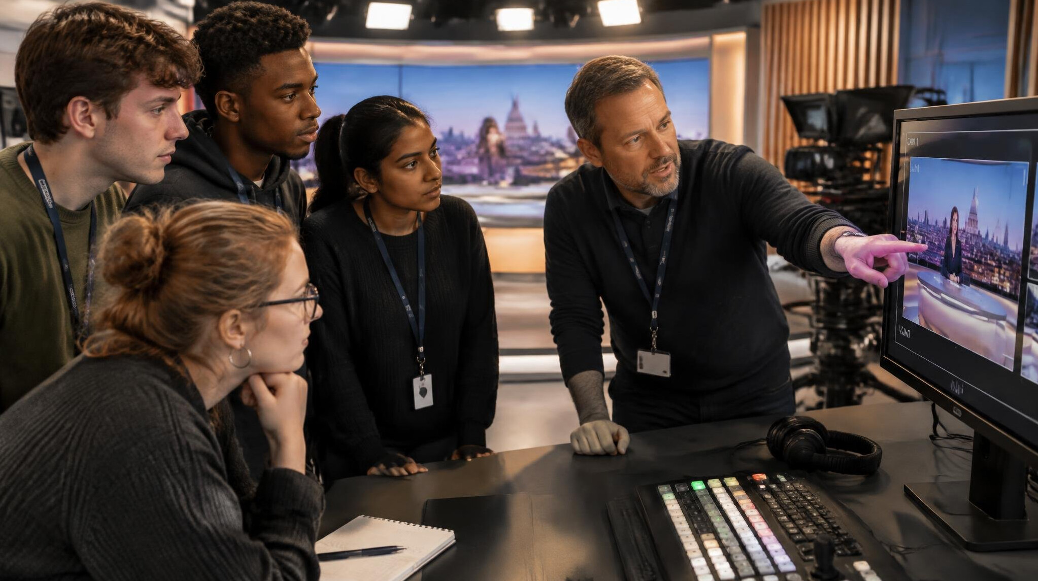 Trainee learning live broadcasting techniques in a training studio