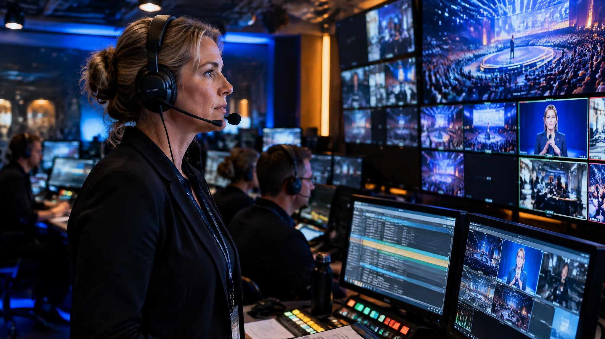 Production manager overseeing a live broadcast from the control room