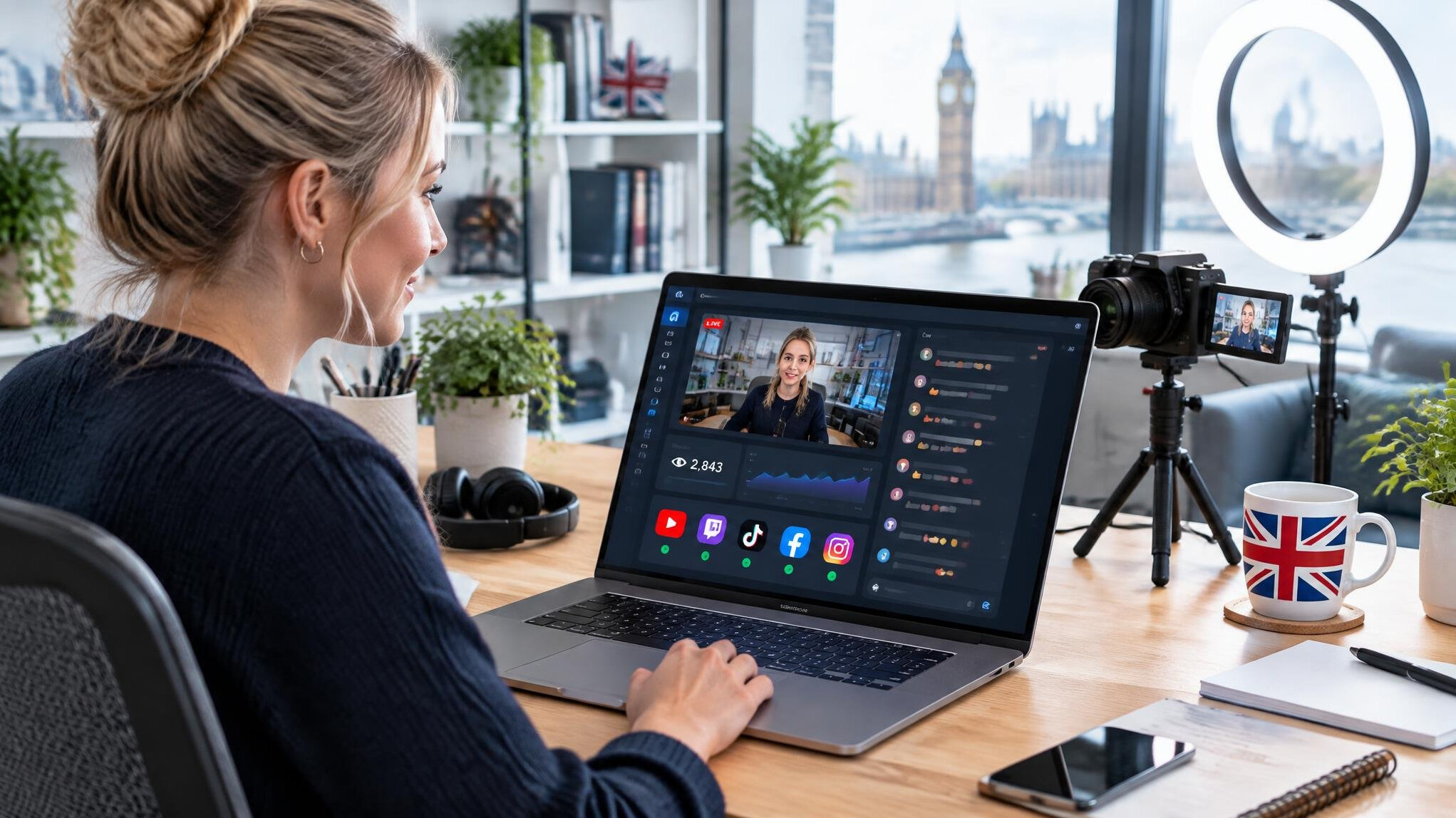 Producer managing a multi-platform live stream on a laptop