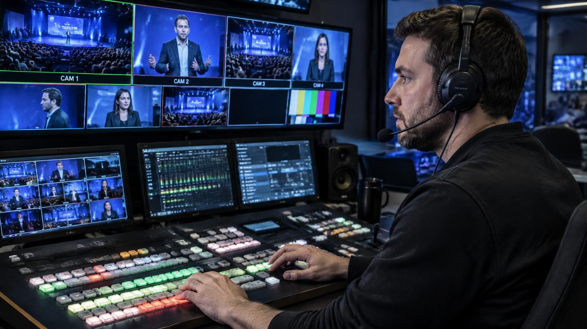 Operator switching between multiple camera angles on a video mixer
