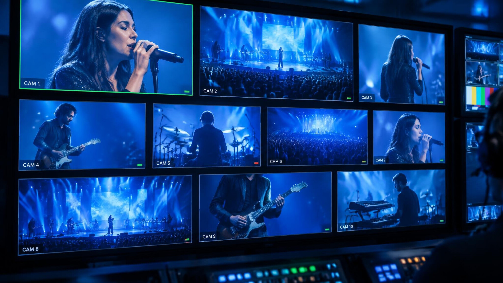 Wall of monitors showing multiple synchronised camera angles